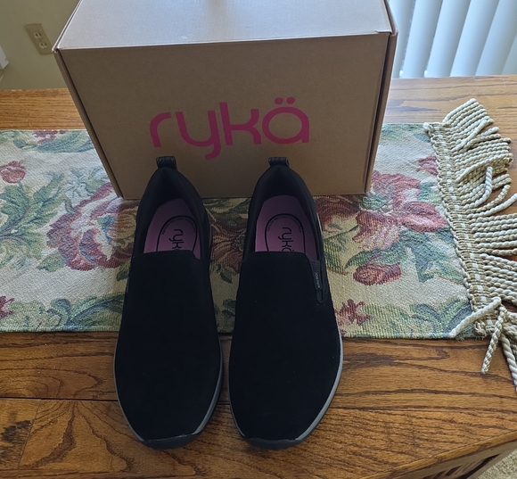 Ryka Shoes - Ryka Women  Black Slip-On Loafers with Purple Insole Accents